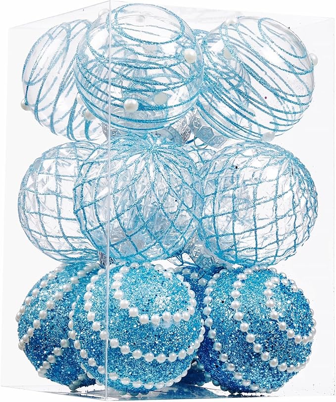 12CT Christmas Ball Ornaments Baby Blue Shatterproof Clear Large Plastic Christmas Tree Decoration, Delicate Hanging Ornaments for Xmas Party, Wedding, Holiday and Home Décor(70mm/2.76")