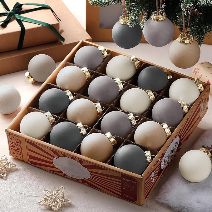 24 Pcs Neutral Matte Christmas Ball Ornaments 2.4 Inch Rustic Boho Gray Charcoal Beige White Xmas Bulbs Ornament Vintage Xmas Baubles Modern Christmas Decor for Tree Farmhouse Decor