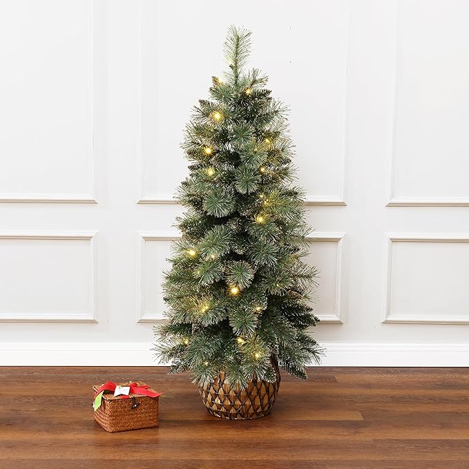 LuxenHome 4FT Small Christmas Tree, Prelit Slim Potted Artificial Christmas Trees with 50 Warm White LED Lights, Realistic Faux Pine Tree with Rattan Style Pot for Entrance, Hallway Display