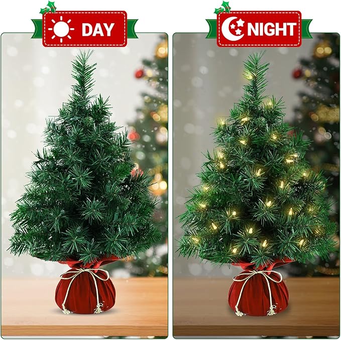 Tabletop Mini Christmas Tree 22 Inch - Mini Artificial Christmas Tree with 35 Warm White Lights, 75 Branch Tips & Red Cloth Bag Base, Perfect DIY Christmas Decorations, Green