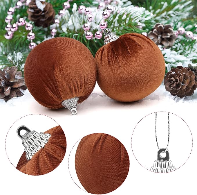Woration 15pcs Velvet Christmas Ornaments Balls 2.35" Christmas Tree Decorations Ball Set Shatterproof Hanging Xmas Ornaments Baubles (Red/Green/Brown/Coffee/Champagne)