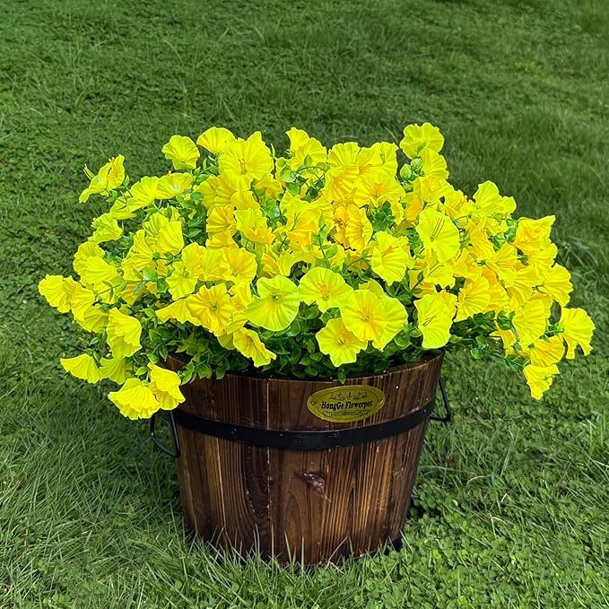 10 Bundles Artificial Flowers for Outdoor,UV Resistant Fake Petunia Flowers,Faux Plants for Outside Hanging Planters,Artificial Plants for Indoor Porch Garden Home Wedding Decor(Yellow)