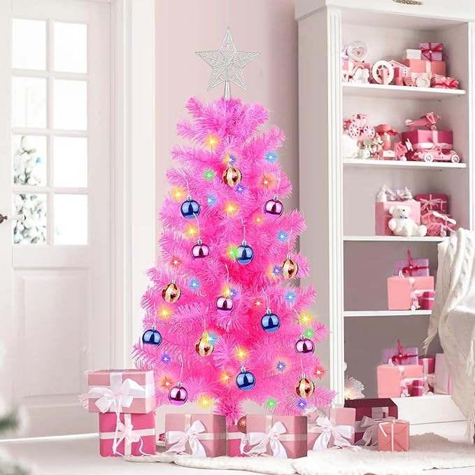 3 Feet Pink Tinsel Christmas Tree 12 Modes Dual Color Change Timer DIY 50 Warm White & Multicolor Lights Star 15 Ball Ornaments Battery Operated Small Artificial Full Xmas Tree Table Home Indoor