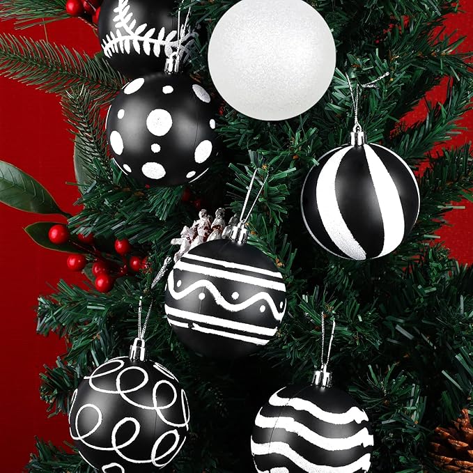 MCEAST 16 Pieces 3.15 Inches Christmas Balls Christmas Tree Pendants Shatterproof Decorative Baubles Balls for Christmas Tree Decoration, Black, White