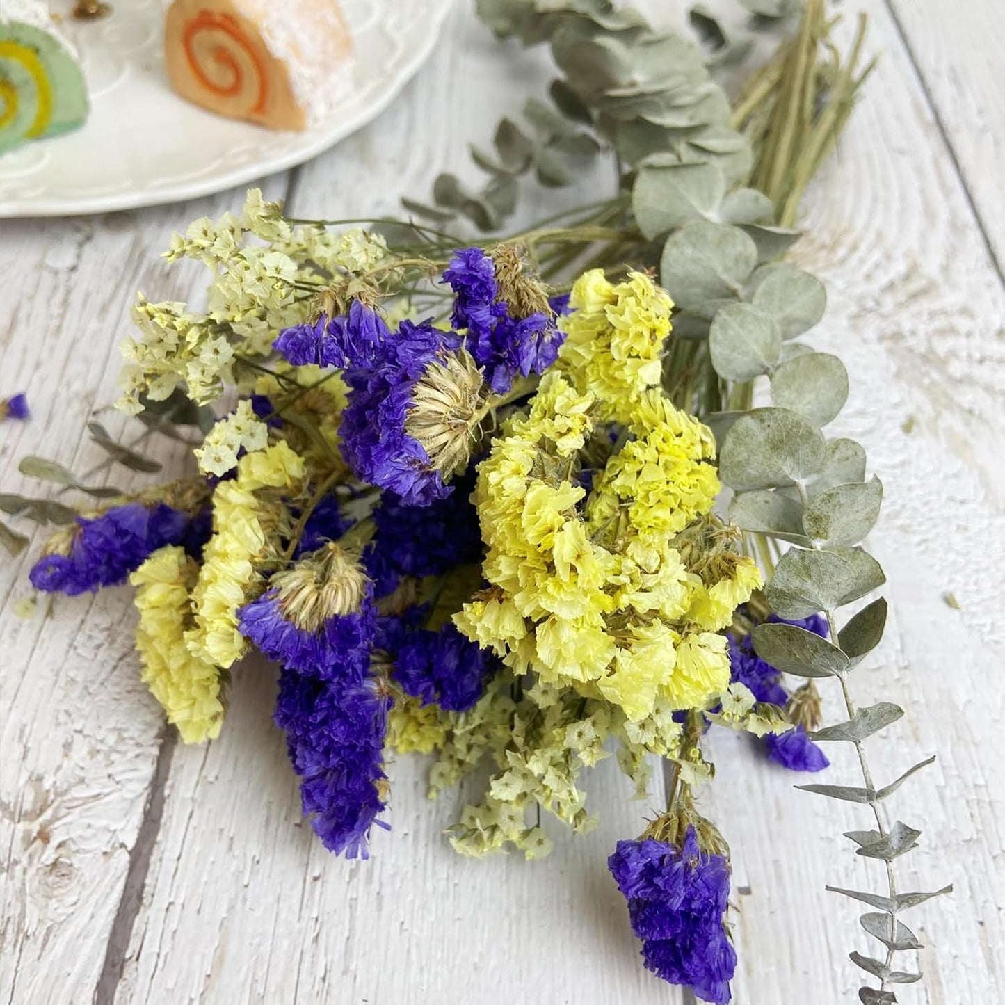 L'BREVOGA Dried Flower Bouquets, Purple and Yellow Statice Sea Lavender with Eucalyptus, 100% Natural Flowers for Decoration Home Party- Purple/Yellow, 13 inches