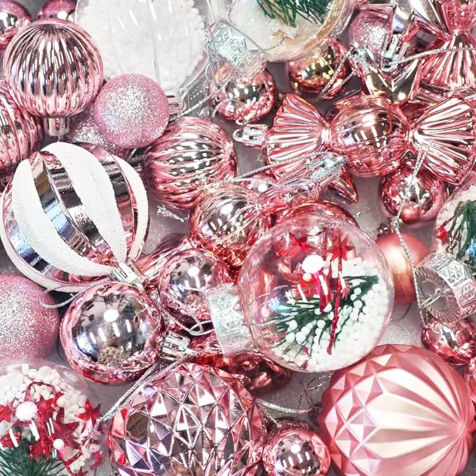 ILLUMINEW 111-Pack Christmas Balls Ornaments,Assorted Shatterproof Pink Christmas Ornaments Set, Luxurious Hanging Pendants Package for Tree Party Holiday Indoor Decor