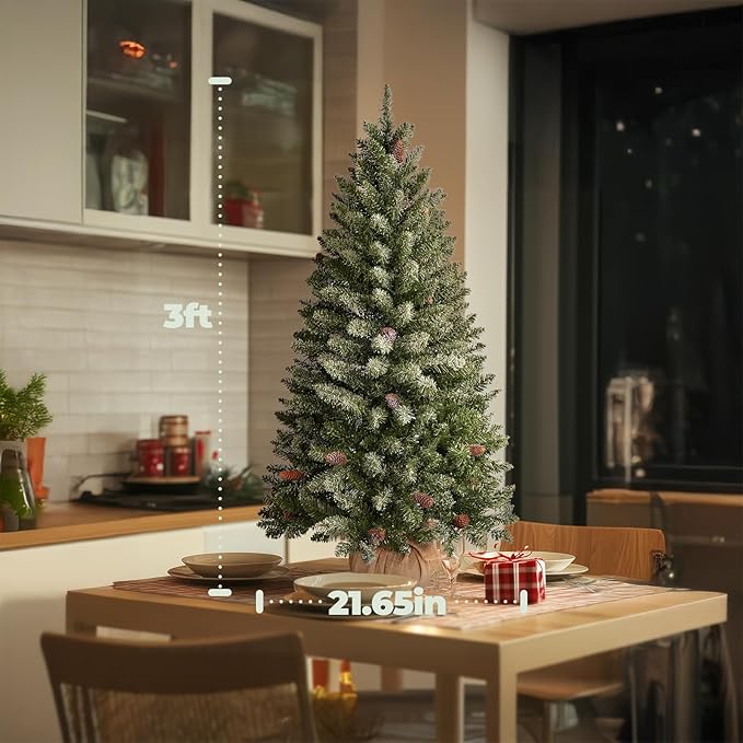 3FT Mini Christmas Tree,Tabletop Christmas Tree with Cloth Bag Base and Colorful LED Light, Snow Flocked Artificial Tree Christmas Decorative for Outdoor & Indoor 21.65"D x 21.65"W x 36"H