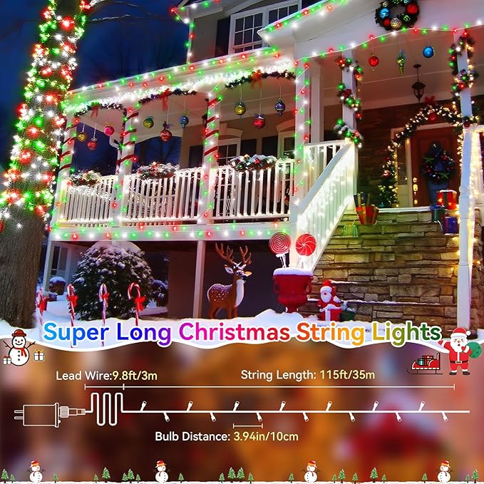 Heceltt Christmas Lights Outdoor, 522FT 1300 LED String Lights with 8 Lighting Modes &TimerTwinkle Fairy Lights Waterproof Plug in for Xmas Tree Wedding Party Holiday Decor(Red Green and White)