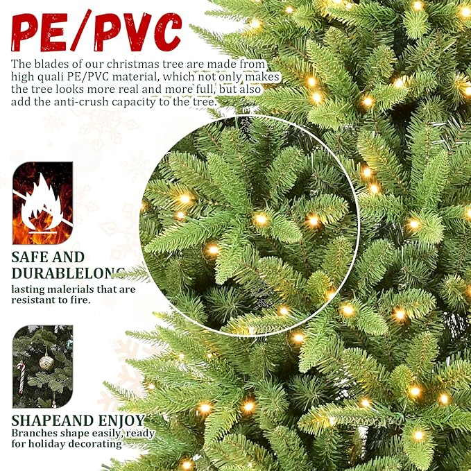 6ft Skinny Christmas Tree with 300 Warm White Lights, Premium Pre Lit Slim Artifical Christmas Tree with 850 Branch Tips, Memory Wire Hinge Narrow Xmas Trees with Foldable Metal Stand for Holiday