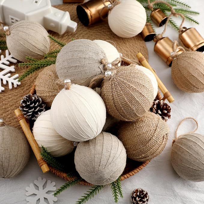 Syhood 12 Pcs Rustic Christmas Ball 3.15 Inch Neutral Farmhouse Christmas Tree Ornaments Shatterproof Hanging Cottage Burlap Fabric Textured Ball for Xmas Tree Party Garlands Wreath Home Decor
