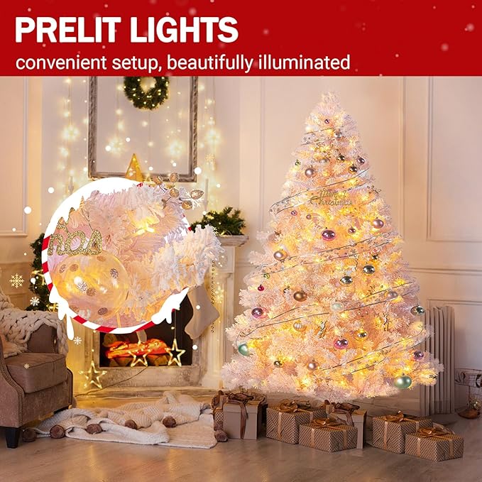 6ft Prelit Pink Artificial Christmas Tree with 150 Warm White LED Lights, Full Snow Flocked Xmas Tree Featuring 1000 Realistic Branch, Easy Hinged Assembly for Home Office Party Decoration
