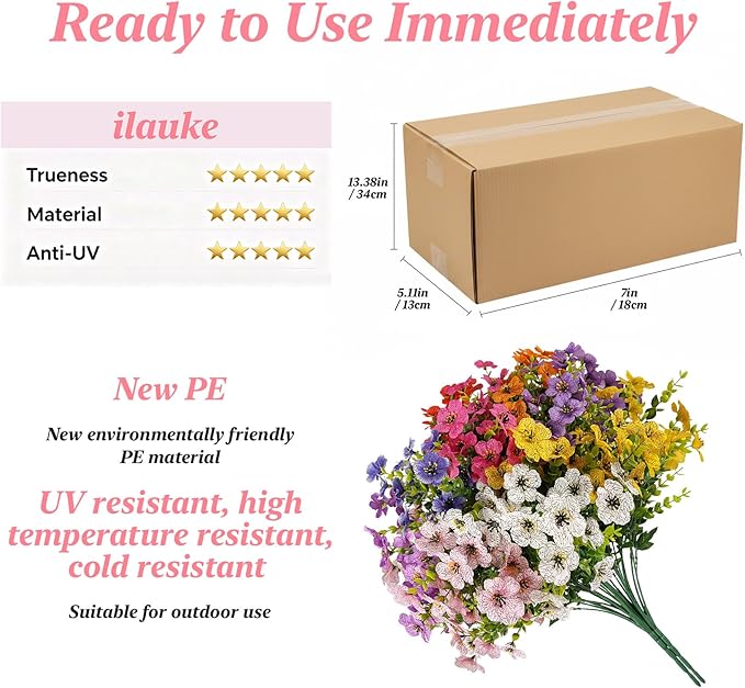 ilauke 9 Bundles Artificial Flowers for Outdoors, Fake Flowers UV Resistant, No Fade Faux Flower Plants 9 Colors with Eucalyptus, Plastic Flower Outside Planter Garden Porch Patio Home Wedding Decor