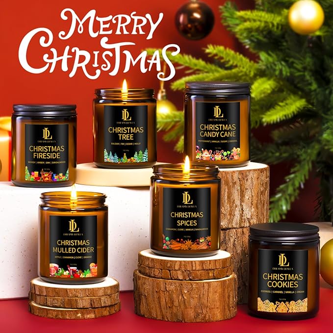 Christmas Candle Set, 6 Pack Holiday Scented Candle, Soy Candle for Home Scented, Christmas Holiday Candles Gift for Women Men, Scents of Christmas Tree/Cookies/Spices/Candy Cane/Mulled Cider/Fireside