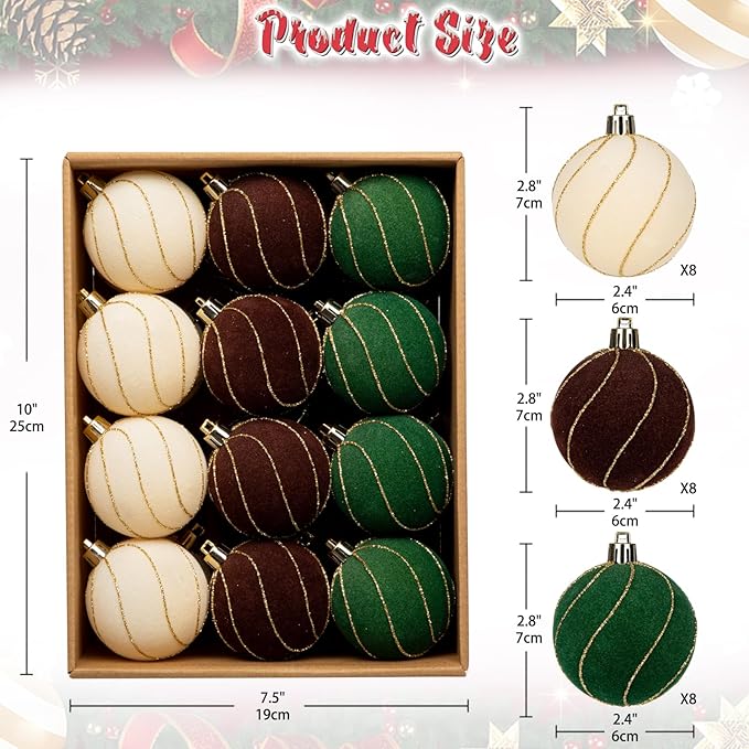 24PCS Velvet Christmas Ball Ornaments Set, 2.36" Shatterproof Baubles for Christmas Tree Decorations, Gold-Lined Hanging Baubles with Velvet Finish for Thanksgiving Holiday Party Décor, Multicolour