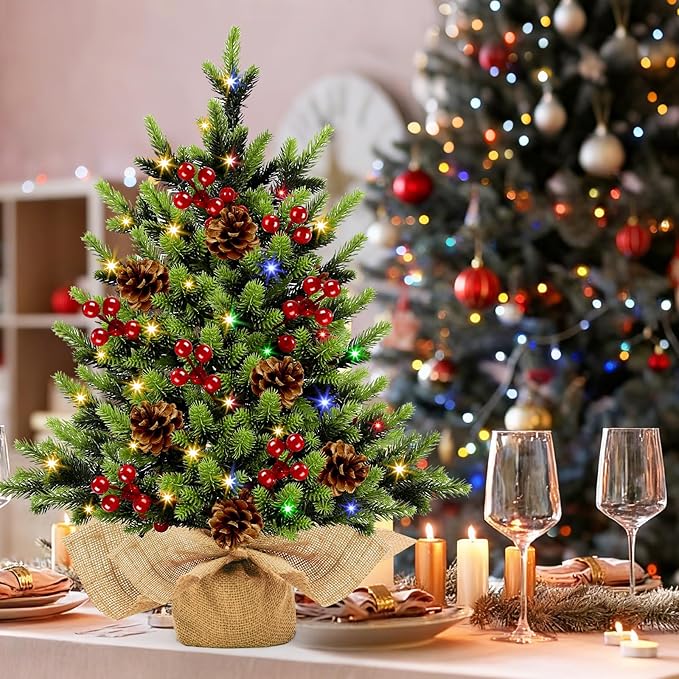 [ 12 Modes & Timer] Christmas Artificial Tree LED Warm Lights Battery Operated Red Berries Pine Cone Burlap Base Indoor Home Christmas Decorations