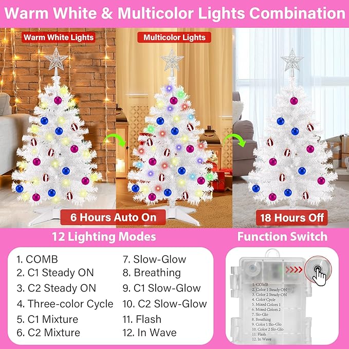 [ Remote Control & 8 Modes ] 3 Ft Christmas Tree with Timer 50 Warm White & Multi Color Lights, 15 DIY Ornaments 3D Star Topper - Artificial Small Christmas Tree for Home Indoor Tables - White