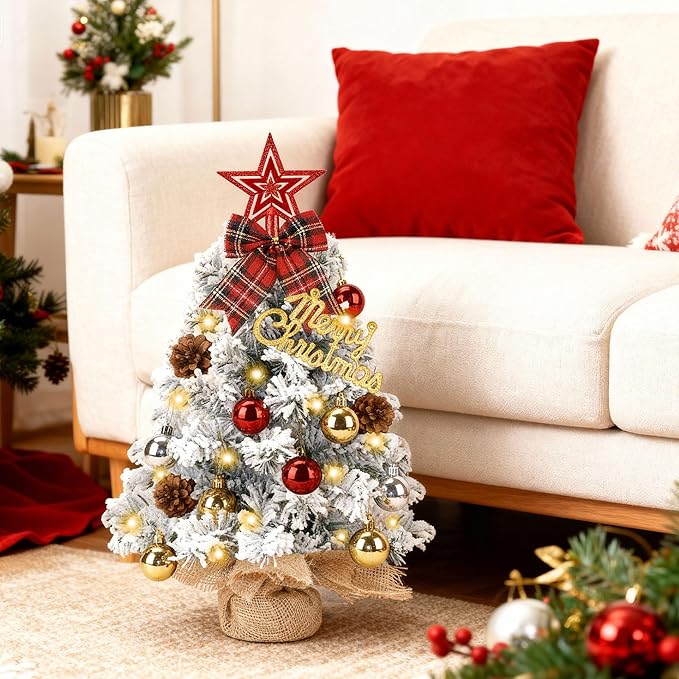 Mini Christmas Tree Tabletop Set with LED Lights, 2FT Artificial Small Xmas Tree Prelit with Star Treetop and Hanging Ornaments for Home Cafe Office, Snow Flocked, White