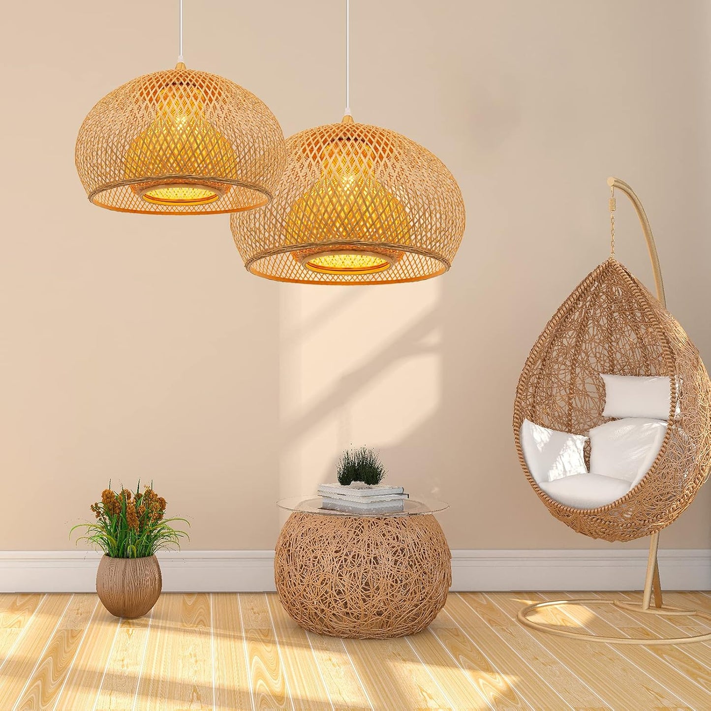 Arturesthome 1 Light Weaving Bamboo Pendant Light for Kitchen Island,17.6" Wicker Chandelier,Handmade Woven Hanging Ceiling Light for Living Room Bedroom