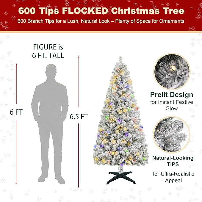 6.5ft White Flocked Christmas Tree with Lights – Pre Lit Flocked Christmas Tree with 250 Multi-Color LEDs, 600 Tips, Pedal Control, Hinged Full Flocked Tree with Plastic Stand