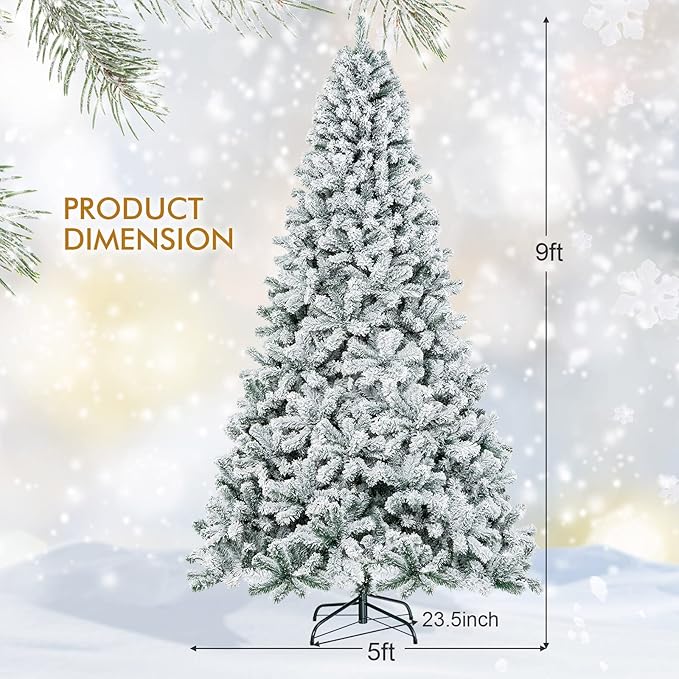 HAPPYGRILL 9 FT Flocked Christmas Tree Artificial Xmas Tree with 1498 PVC Branch Tips, Hinged Xmas Tree Life-Like Seasonal Holiday Tree for Home Office