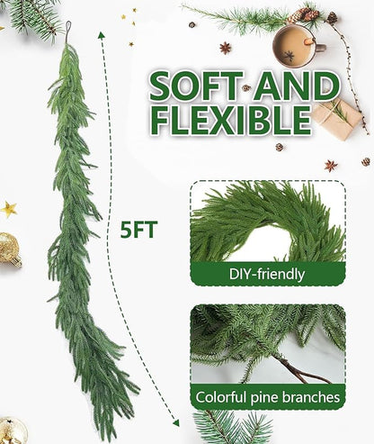 Christmas Garlands Norfolk Pine Garland Real Touch Artificial Faux Greenery Garland for Holiday Table Mantle Wall Indoor Outdoor Decor (5FT)