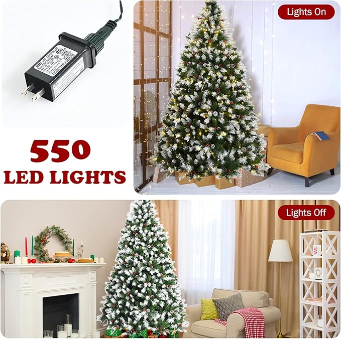 Happygrill 7.5ft Pre-lit Snowy Christmas Tree with 550 Warm White LED Lights & 1398 PVC Tips, 8 Lighting Modes, Hinged Artificial Tree for Residential Commercial Use