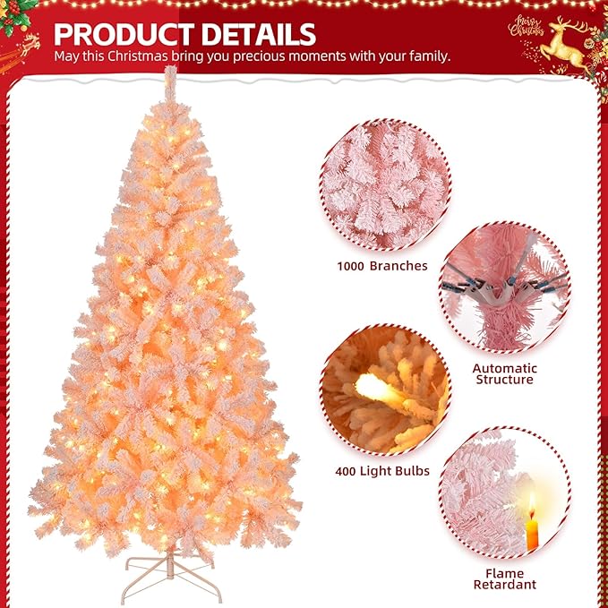 VINGLI 7ft Pink Artificial Christmas Pine Tree with 400 Warm LED Lights, Pre-Lit Flocked Xmas Tree with 1000 Full Branch Tips, Sturdy Metal Stand, 8 Color Modes for Holiday & Party Decorations