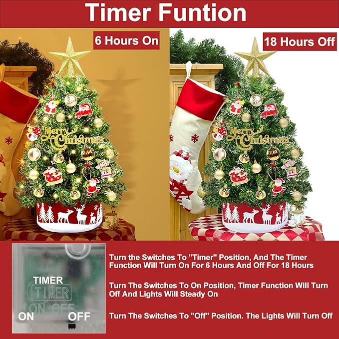 24" /2FT Mini Christmas Tree with Lights Timer 30 LEDs & 34 Ornaments, Small Tabletop Christmas Trees Artificial Christmas Decorations for Indoor Desk Room Office Home Decor Xmas
