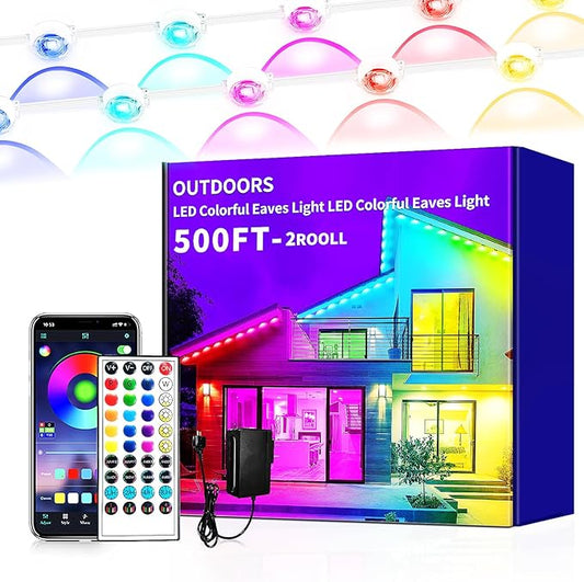 Permanent Outdoor Lights 500ft Smart Outside RGB LED Christmas Light, App Control Remote IP67 Waterproof Eternity Eaves Lighting for Halloween，House，Patio Decor ，Garden Decor, Decorations