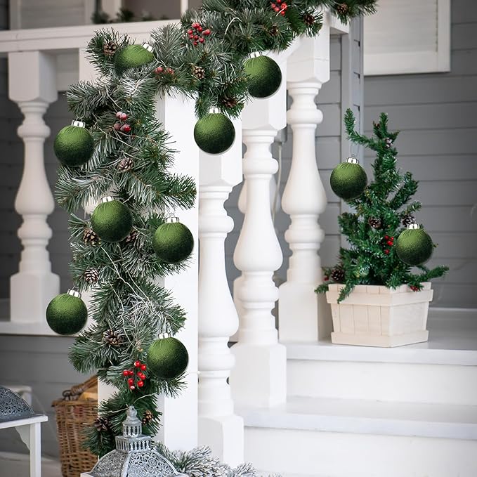Green Velvet Ornaments for Christmas Tree 15 PCS, Big Neutral Flocked Christmas Bulbs Ornaments Set 3.15 Inch, Matte Suede Xmas Hanging Baubles Decorations (Sage Green)