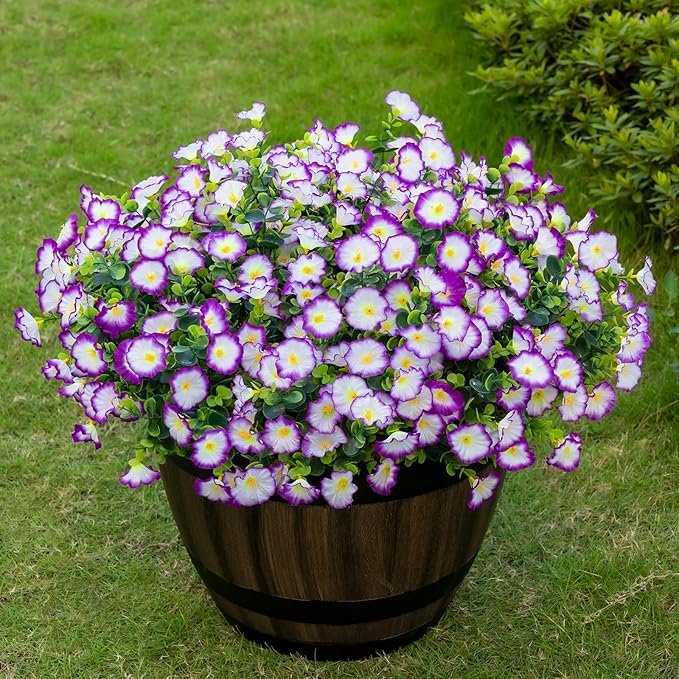 Lnoicy Artificial Flowers for Outdoor 12 Bundles Eucalyptus Fake Flowers for Planter,UV Resistant Fake Morning Glory for Home/Porch/Garden Decoration（Purple/White）