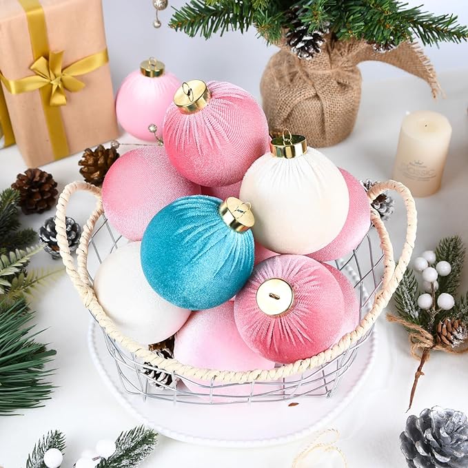 Velvet Christmas Ornaments Balls for Tree - 15pcs Pink & Teal Christmas Ornaments Shatterproof for Xmas Decorations - Multicolor Pink Teal Beige 80mm 3.15inch