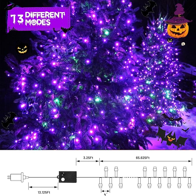Connectable Purple and Green Halloween Lights, 2Pack 164ft 400LED 13 Modes String Lights Plug in, Twinkle Light with Timer Indoor/Outdoor for Tree Halloween Decorations Party
