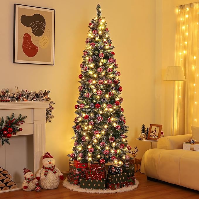 Homde Pencil Christmas Tree 5 Foot Pre-Lit Artificial Christmas Tree with Flocked Snow Pine Cone 140 Warm White Light Holiday Decor