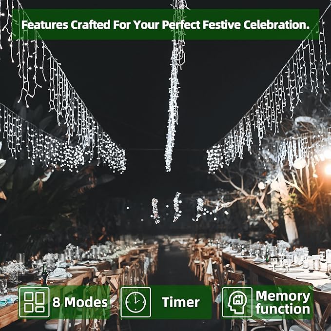648 LED Outdoor Christmas Lights with 144 Drops, 66ft ChristmasLights with 8 Modes Timer, Christmas Twinkly Lights Waterproof for Wedding Eaves Yard Room Holiday Wedding Party Decor (Cool White)