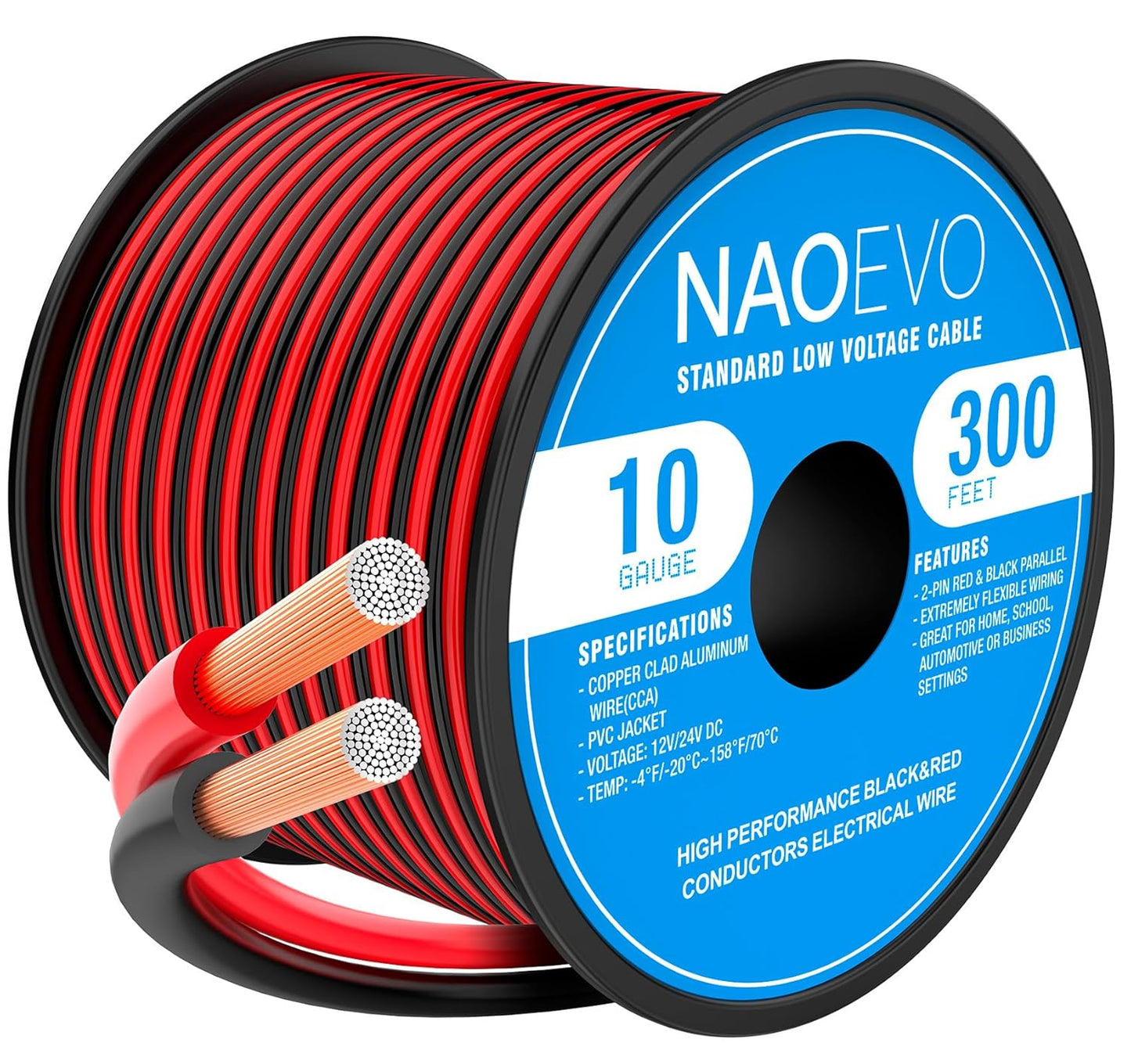 NAOEVO 10 Gauge Wire 300FT, 2 Conductors Electrical Wire Red Black Cable, Flexible/Low Voltage/PVC 10 AWG Copper Clad Aluminum Extension Cord for Speaker, LED Strips, Automotive 12V/24V DC