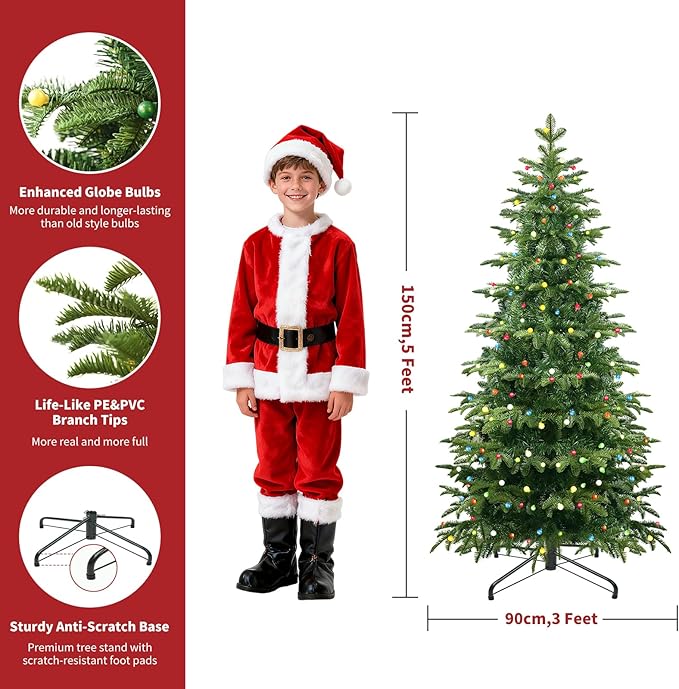 5FT Christmas Tree with LED Lights Pre-Lit, Premium Artificial Christmas Tree with String Lights, Decorated Xmas Tree with Metal Stands for Indoor Seasonal Holiday Home Office Party, ETL Listed