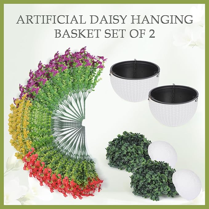 2 Sets of Artificial Hanging Plants Flowers Basket for Outdoor, 2 Sets Dry and Wet Separation Hanging Baskets, Suitable for Spring Summer Porches, Terraces, Courtyard Home Decoration