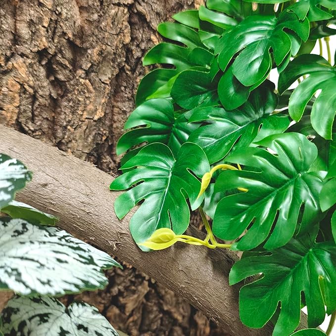 Woyrise Reptile Plants, Terrarium Hanging Plant Vines, Artificial Leaves with Suction Cup, Bearded Dragon Tank Accessories for Gecko Lizard Snake Frog Tortoise Decorations - Monstera