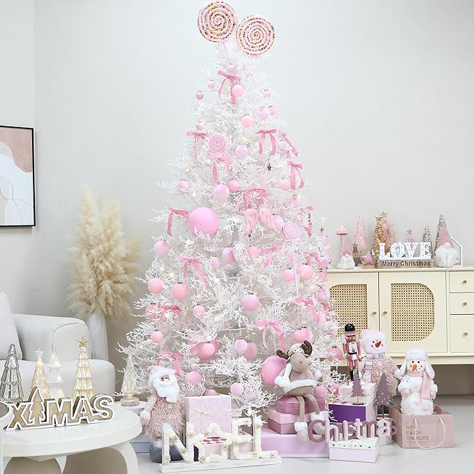 Sea Team 4-Pack Large Flocked Velvet Christmas Tree Ball Ornaments Set, Hanging Velour Baubles, Shatterproof Plastic Decorations for Xmas Tree, Wreath, Garland, 150mm/5.91 Inches, Pink