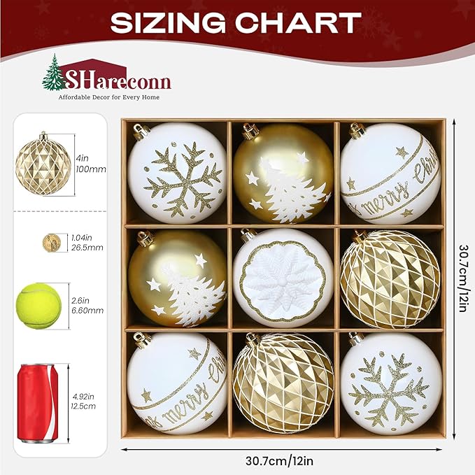 SHareconn 100MM/4 Inch 9PCS Large Christmas Balls Ornaments, Shatterproof Plastic Hanging Big Baubles Set for Xmas Tree Decoration Holiday Party Wedding Decorations with Hook,Gold and White