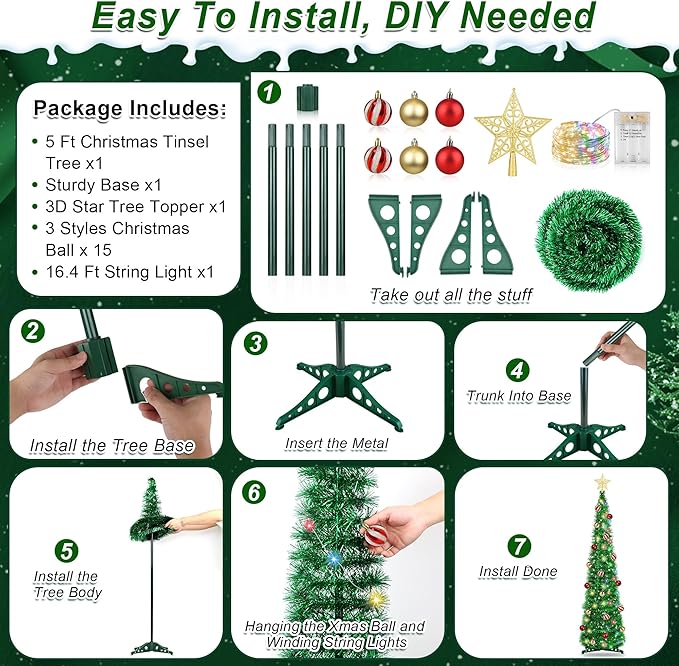 5FT Pop Up Christmas Tree with Timer 60 Warm White & Multi Color Fairy Light 3D Star 25 Ball Ornament, Green Tinsel Christmas Tree Slim Pencil Xmas Tree Home Office Holiday Decor Indoor Outdoor