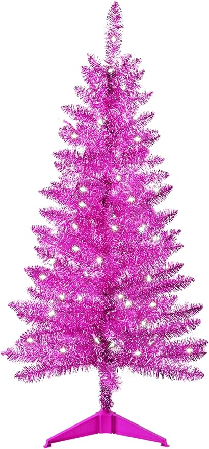 4ft Artificial Full Pink Christmas Tree with Separate Lights, Not Pre-lit Mini Pink Tinsel Pine Christmas Tree, 50 Lights, Small Xmas Tree for Home, Office, Party Decoration, Indoor