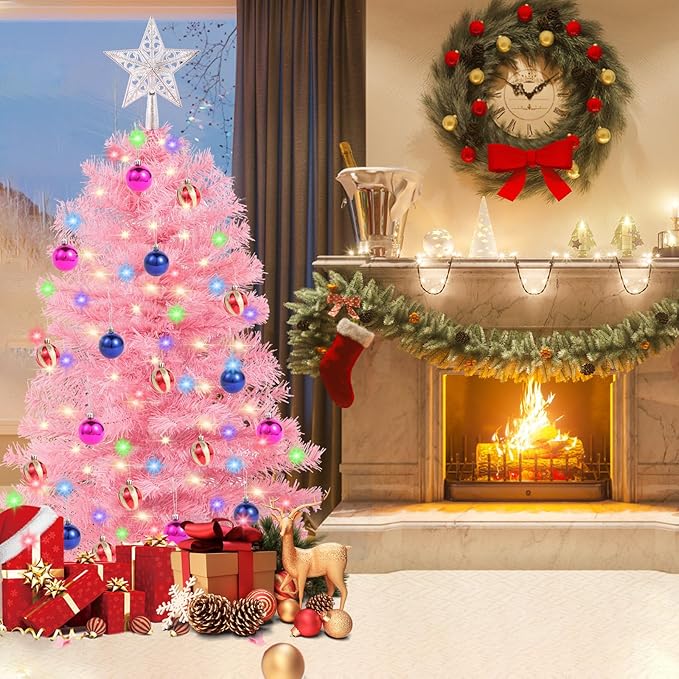 3Ft Christmas Tree with Lights, Table Christmas Tree with 50 LED 12 Modes, 3D Star, 15 Hanging Ball Ornaments, Small Prelit Xmas Tree for Tabletop, Home and Office (Pink)