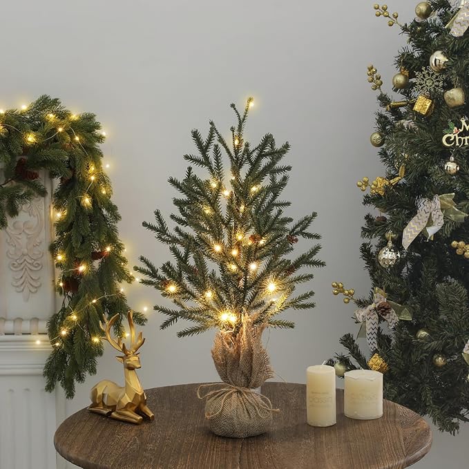 22" Mini Christmas Tree, Small Artificial Tabletop Christmas Trees Decor with Lights, Outdoor Indoor Porch Table Centerpieces Xmas Christmas Decorations