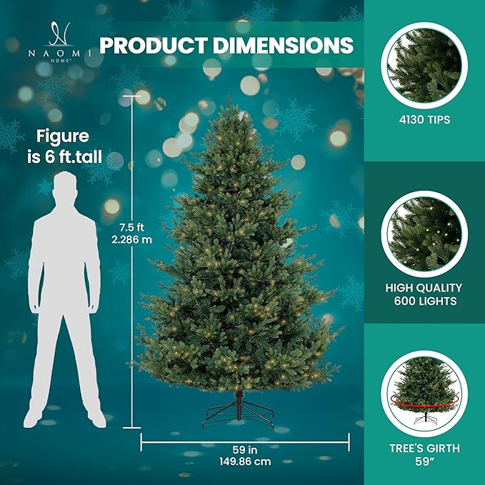 Kinsley 7.5ft Prelit Aritificial Christmas Tree with 4130 Branch Tips, 600 Warm Lights and Metal Stand, 59" Wide Realistic Traditional Christmas Tree with Lights by Naomi Home
