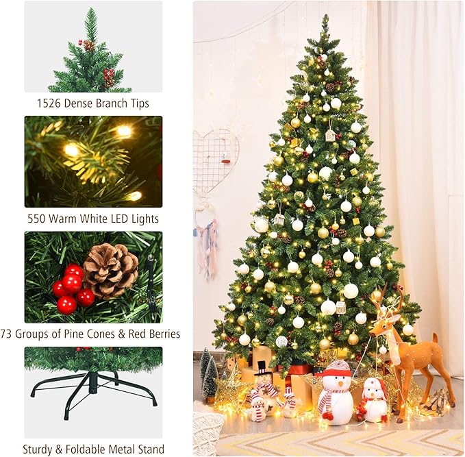 GOFLAME 7.5FT Pre-Lit Christmas Tree with 1526 Branch Tips, Premium PVC Needles, Hinged Artificial Christmas Tree w/Sturdy Metal Stand, Pine Cones and Red Berries for Home, Office, Shops and Hotels