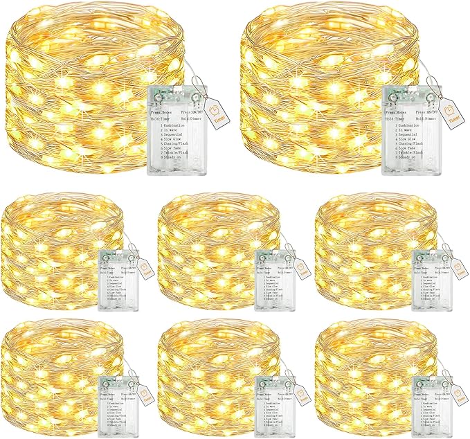 btfarm 8 Pack Fairy Lights Battery Operated with Timer, 16.4 FT 50 LED Twinkle String Lights 8 Modes Dimmable Waterproof Silver Wire for Indoor Christmas Bedroom Wedding Decorations, Warm White
