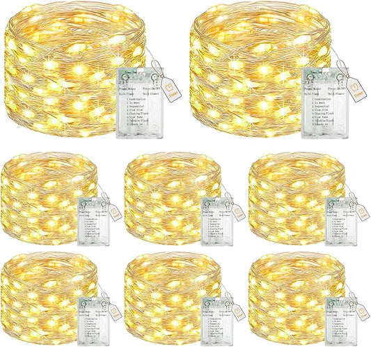 btfarm 8 Pack Fairy Lights Battery Operated with Timer, 16.4 FT 50 LED Twinkle String Lights 8 Modes Dimmable Waterproof Silver Wire for Indoor Christmas Bedroom Wedding Decorations, Warm White