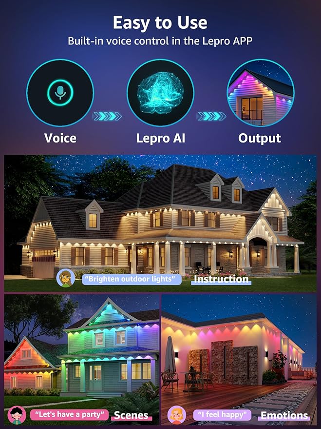 Lepro E1 AI Permanent Outdoor Lights APP Control, 50ft 30 LED Smart RGB+IC+Warm/Cool White House Eave Light for Halloween Christmas, Alexa Google Enabled, 2.4 GHz WiFi/Bluetooth, NO Remote Controller